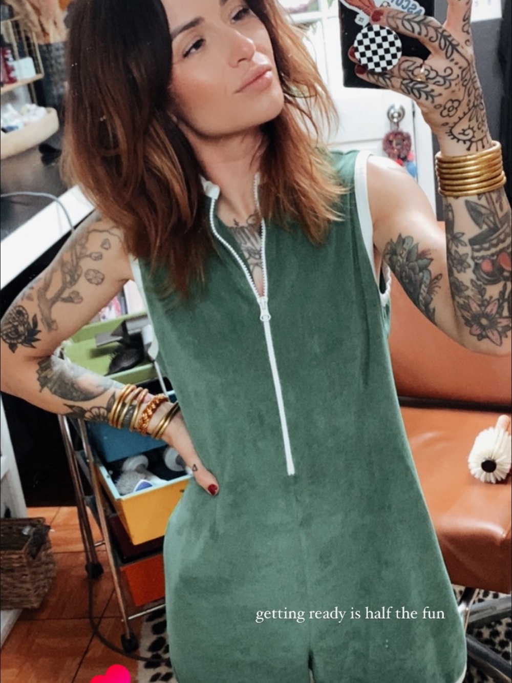 KULE Green Sleeveless Terry Romper with White Trim